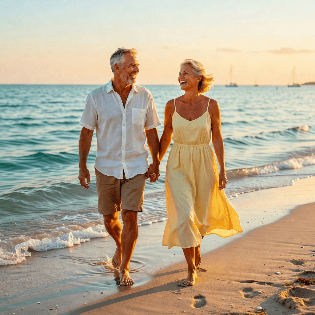 Pareja mayor caminando juntos en la playa